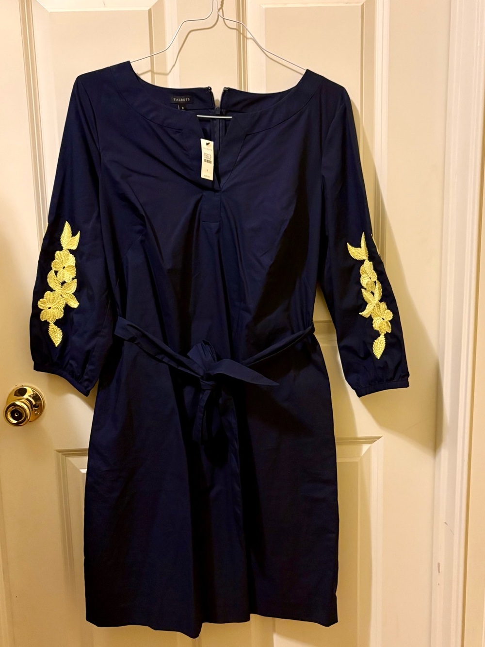 Talbots Navy Dress with Yellow Floral Sleeve Embroidery